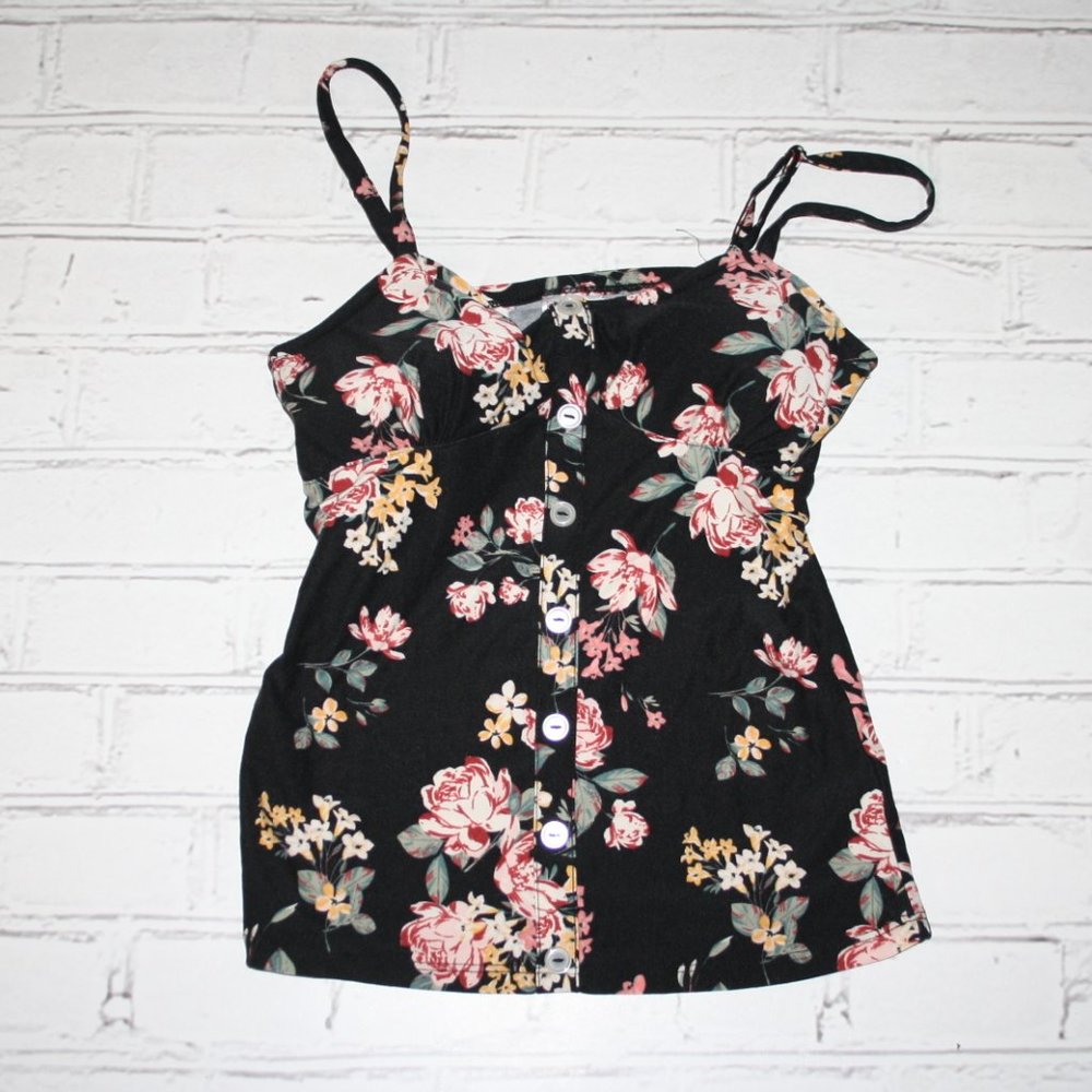 🖤🌸 Black & Floral Button-Front Top · No Boundaries · Size XS